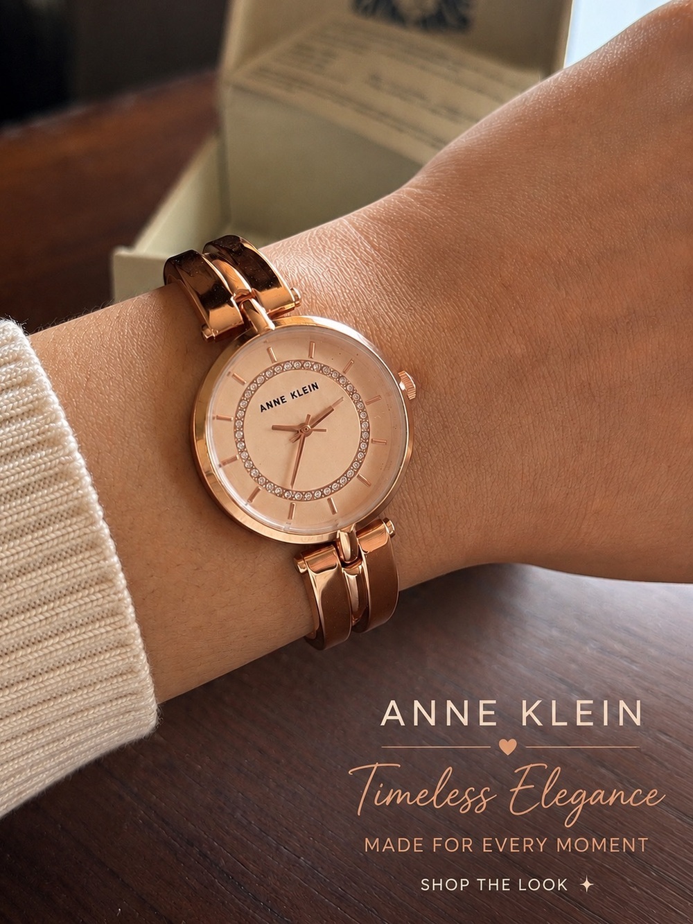 Anne Klein Rose Gold-Tone Crystal Accent Bangle Watch Women’s NWT